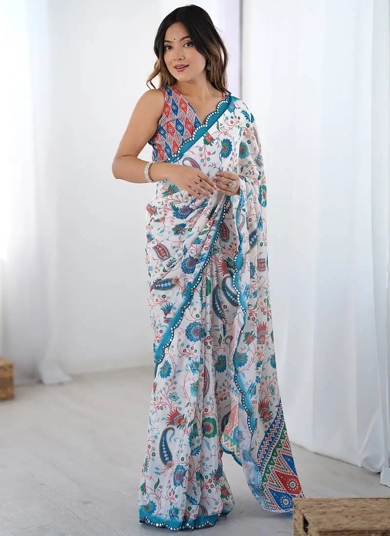 Off white chinon printed party wear saree