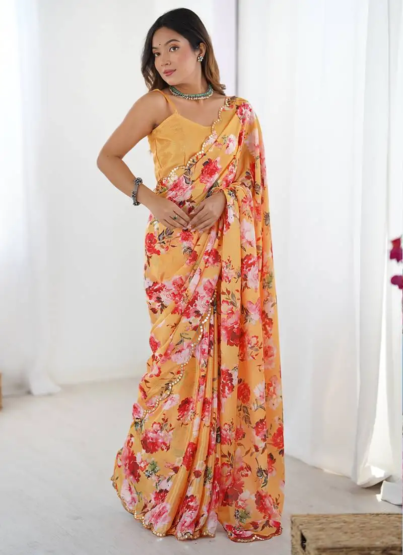 Yellow chinon printed party wear saree