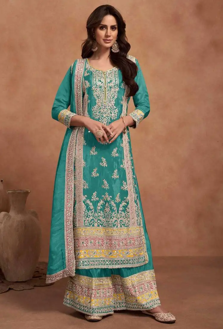 Turquoise embroidery & sequins work simar silk straight palazzo suit - free size stitching (size upto 42") stitched