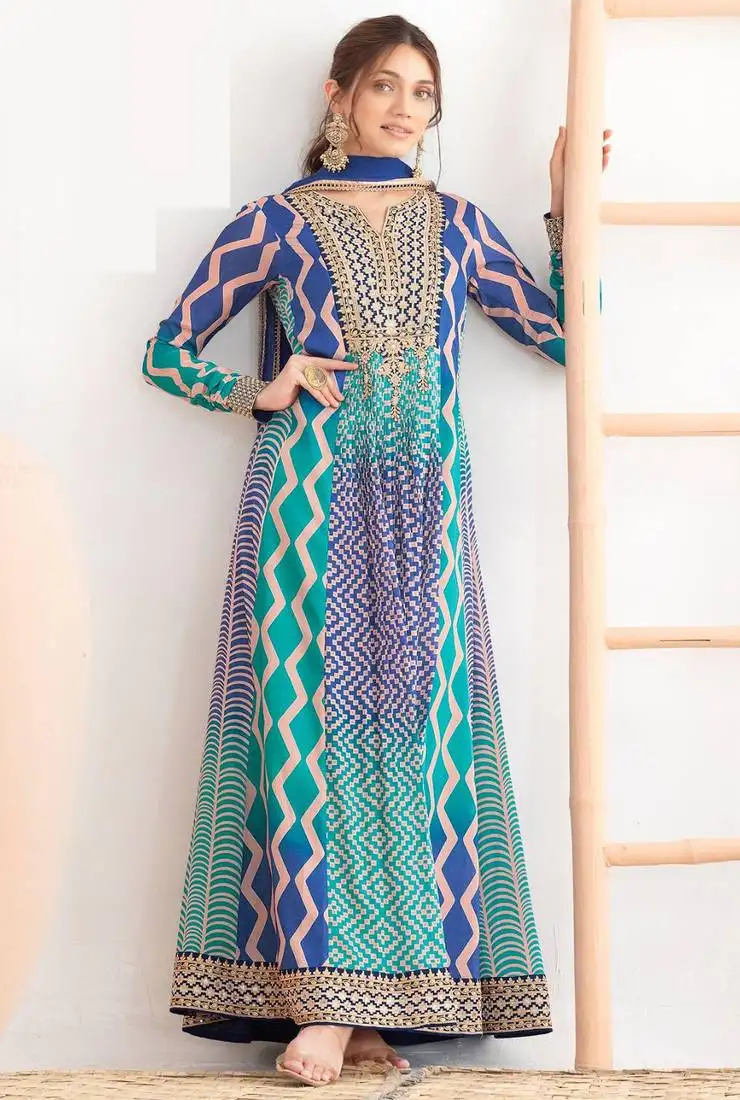 Sky blue & navy blue dabka dori & resham digital print work chinnon anarkali suit - free size stitching (size upto 42") stitched