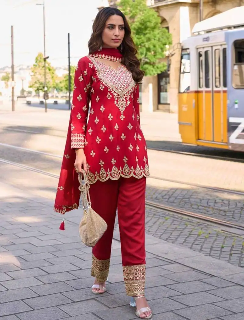 Red embroidery emblissied mirror work simar silk straight pant suit - free size stitching (size upto 42") stitched