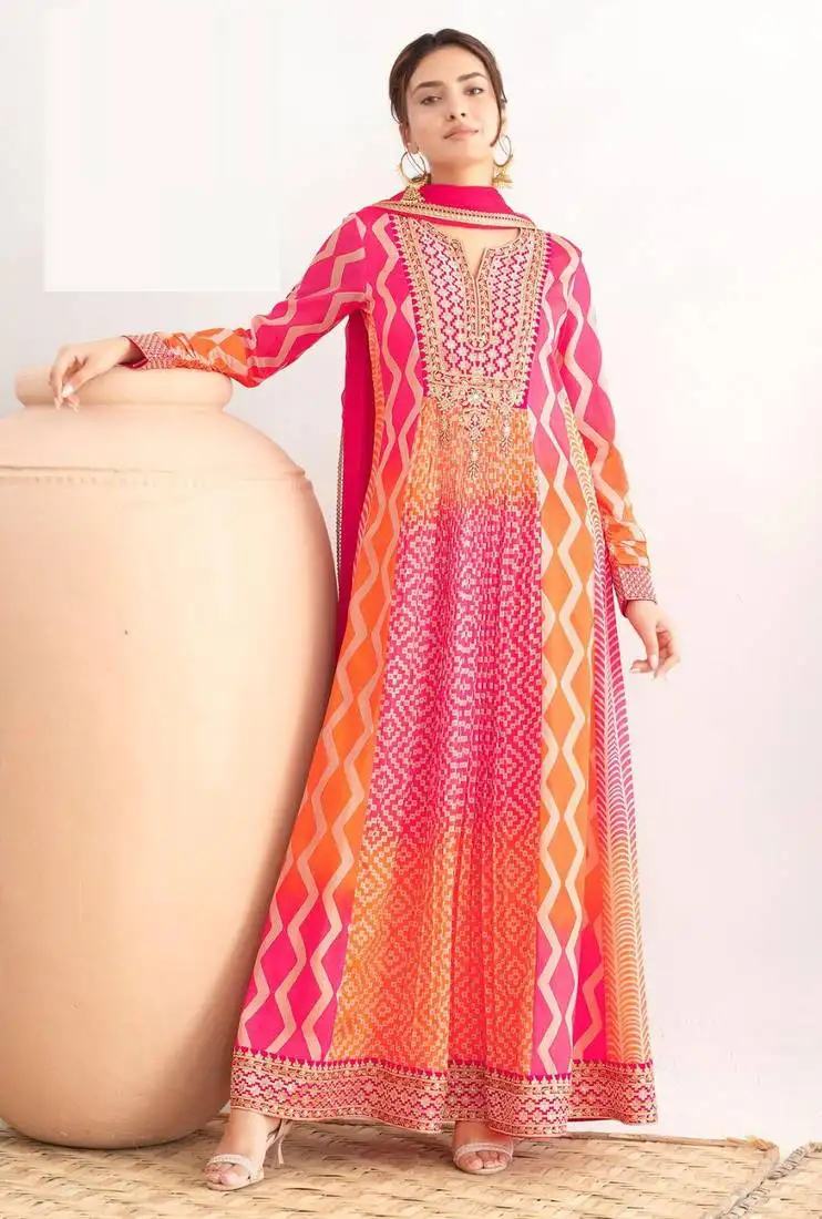 Orange & rani pink green dabka dori & reshamwork chinnon anarkali suit - free size stitching (size upto 42") stitched