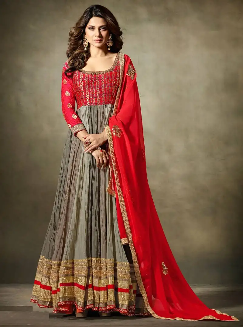 Multicolor embroidery,zari & diamond work georgette anarkali chudidar suit - semi-stitched unstitched