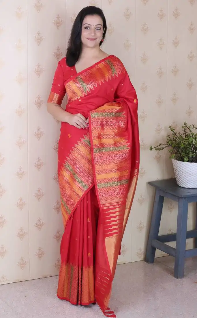 Soft silk meenakari zari woven saree with temple border.