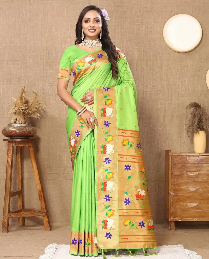 Soft pethani silk saree with zari weawing motifs design and meenakari weawing rich pallu.