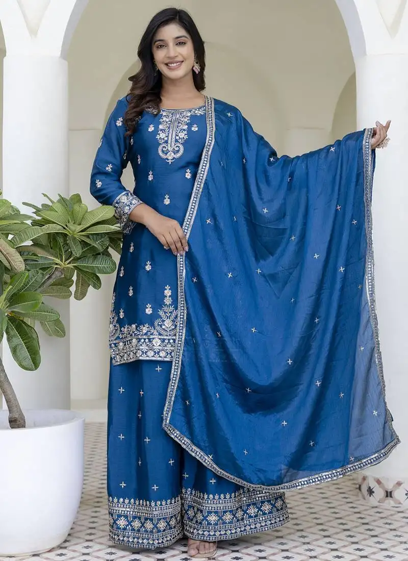 Aqua blue chinon silk embroidered palazzo suit stitched