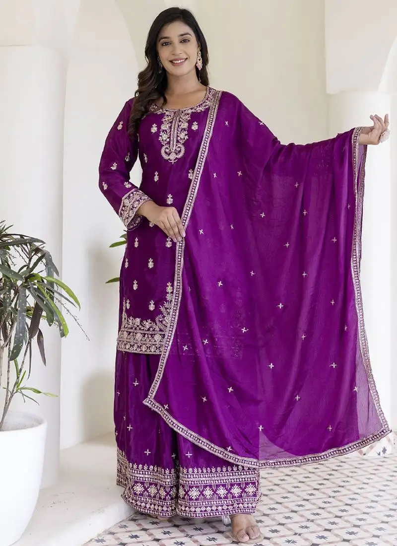 Purple chinon silk embroidered palazzo suit stitched