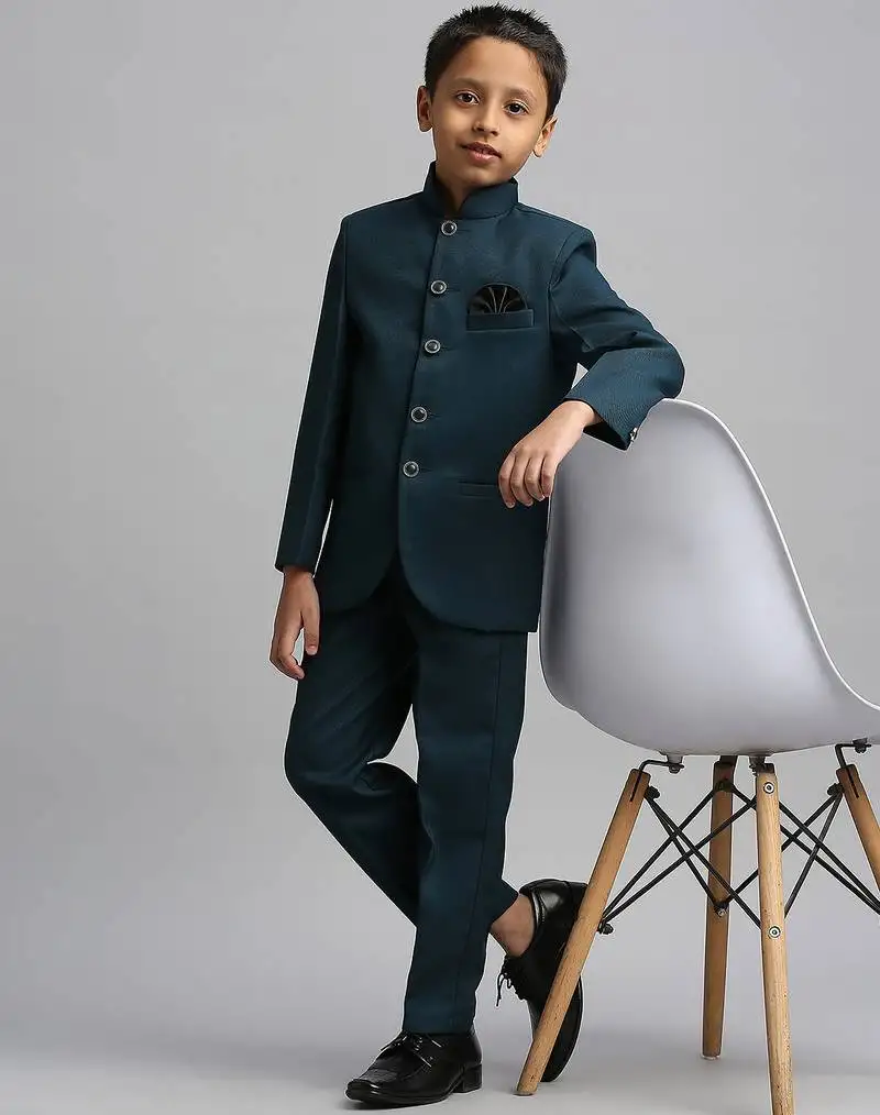 Full sleeves solid ethnic wear jodhpuri and pant set - teal blue
