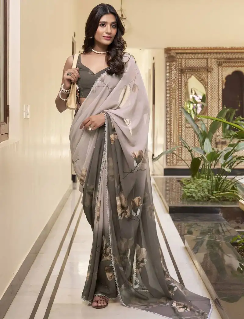 Brown floral printed chiffon saree with blouse