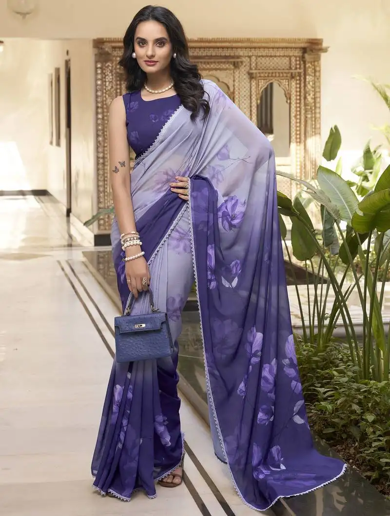 Purple floral printed chiffon saree with blouse