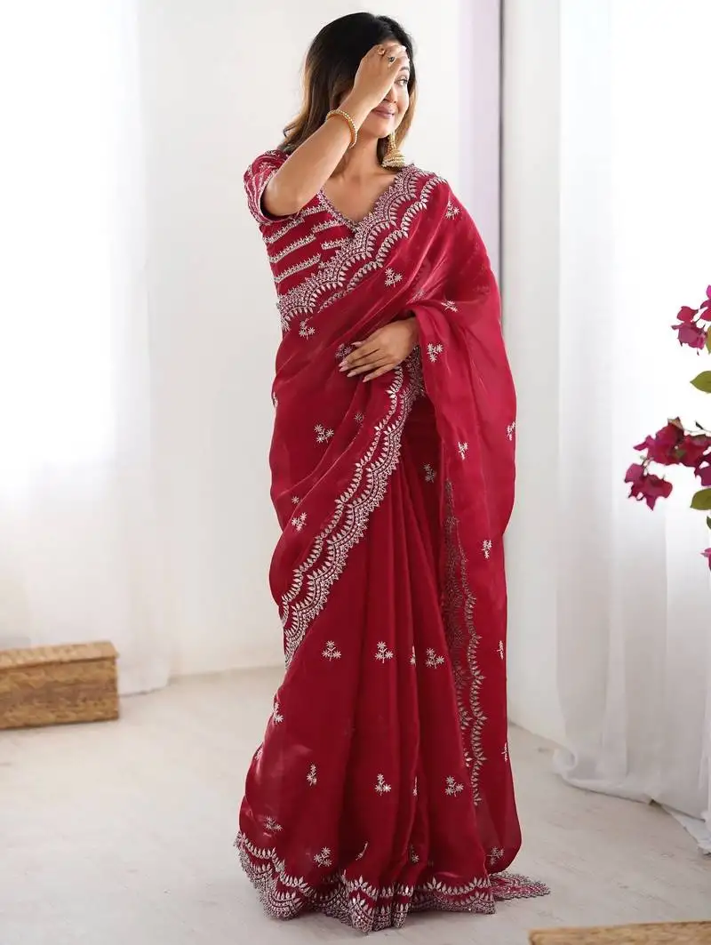 Red sequins work organza saree with blouse