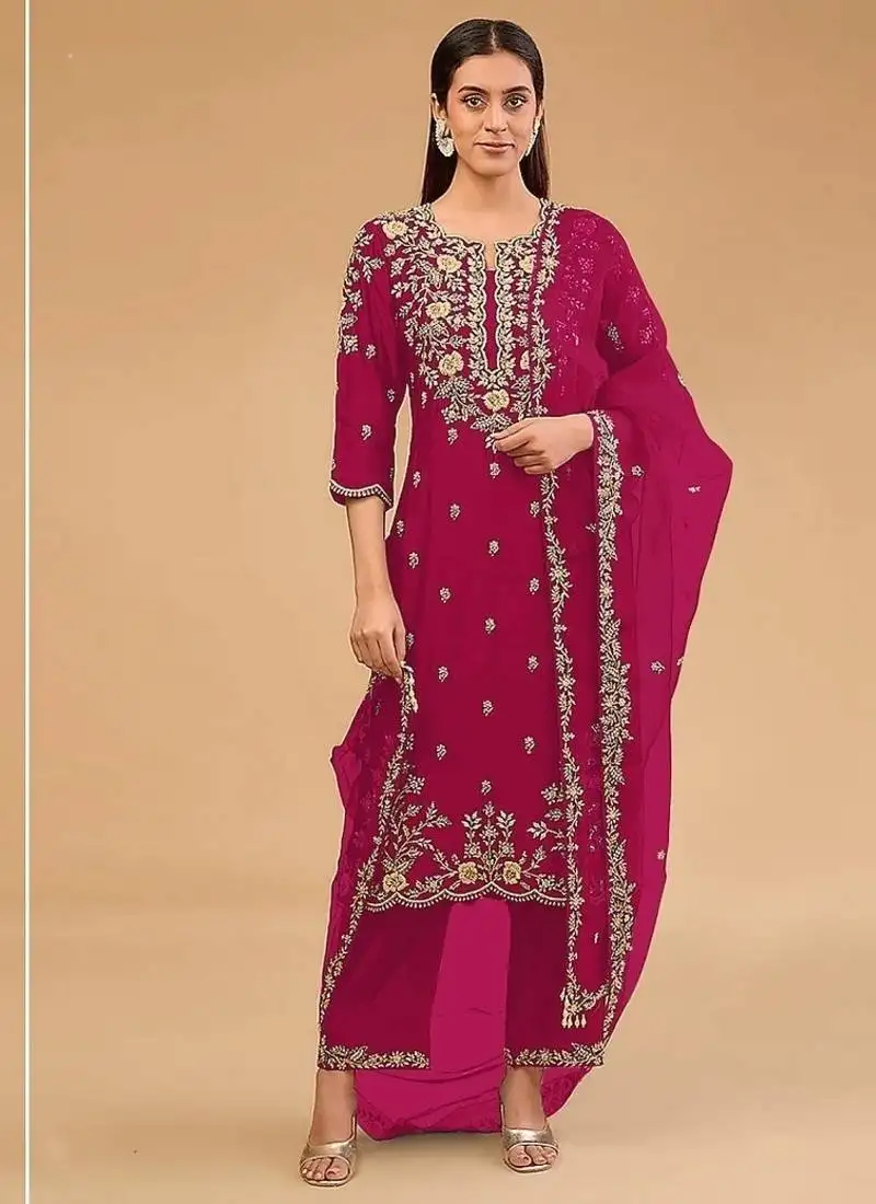 Ranipink vichitra blooming with embroidered sequence & thread work unstitched suit