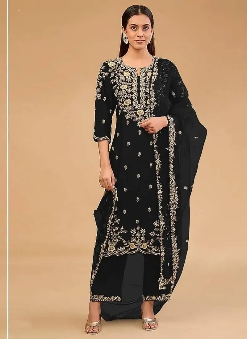 Black vichitra blooming with embroidered sequence & thread work unstitched suit