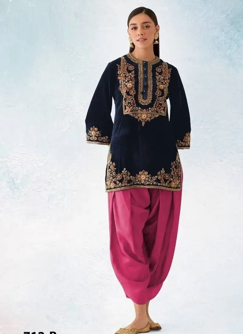 Navyblue pure velvet with embroiderey 3mm sequence & thread work unstitched suit