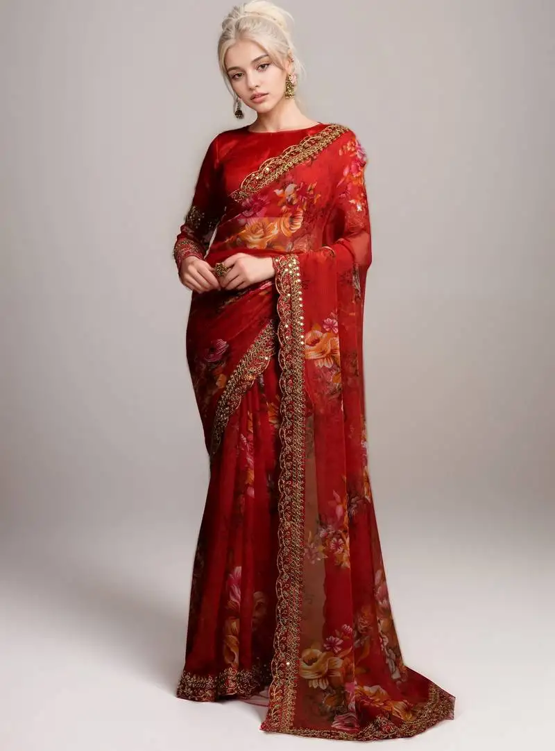 Red georgette floral printed with embroidered border saree
