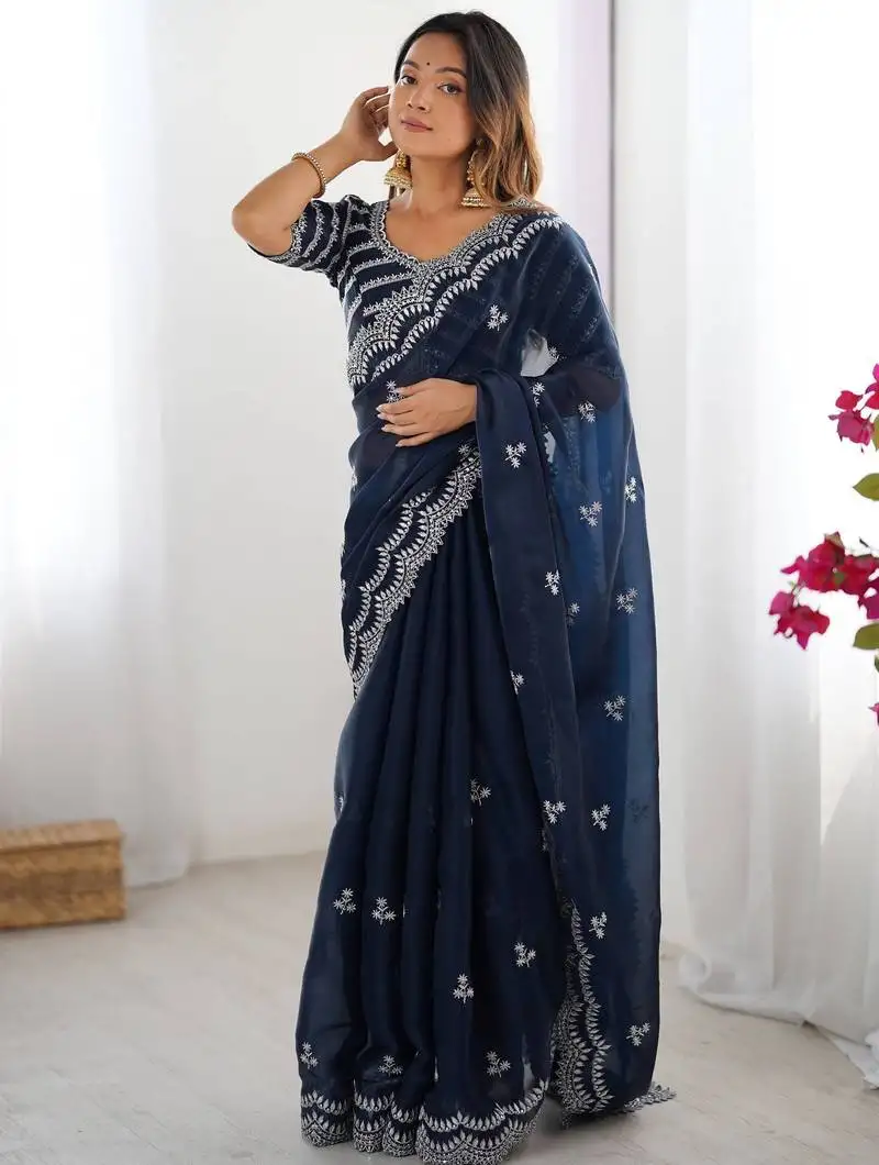 Blue thread embroidery organza saree with blouse