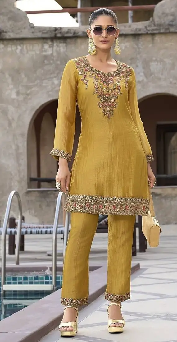 Rajshree amber yellow silk blend embroidered co ord sets