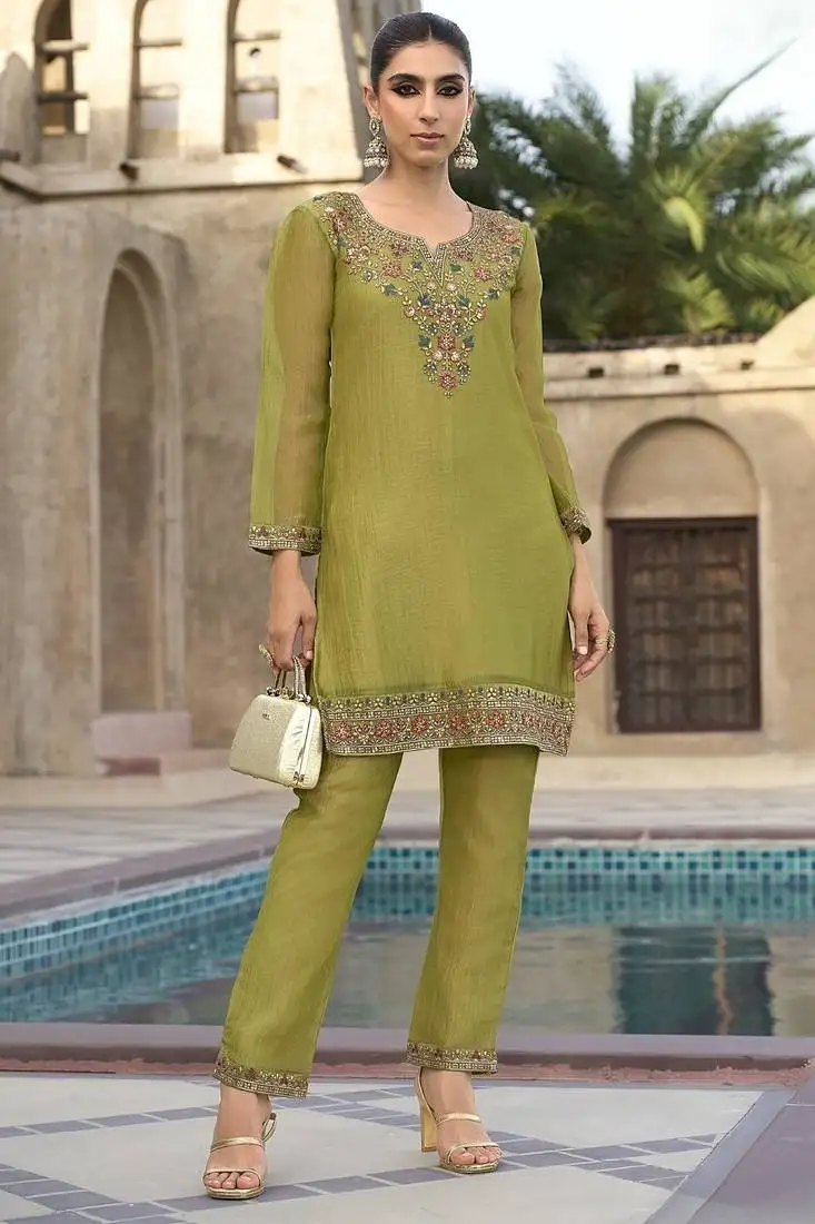 Rajshree fern green silk blend embroidered co ord sets