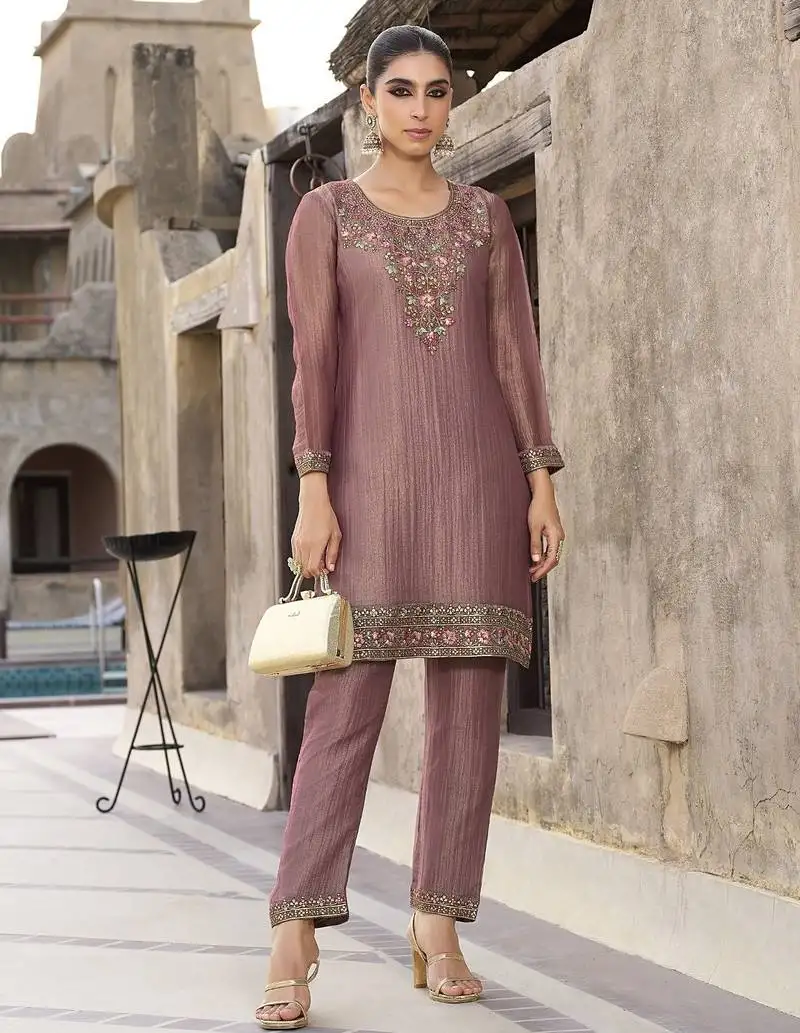 Rajshree caramel purple silk blend embroidered co ord sets