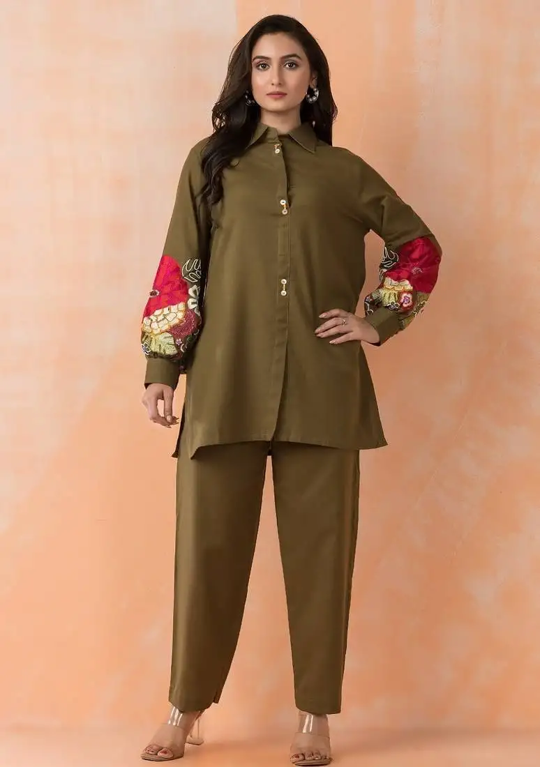 Sabhya olive olive viscose rayon embroidered co ord sets