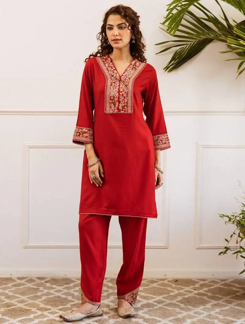 Kabool vermi red cotton embroidered co ord sets