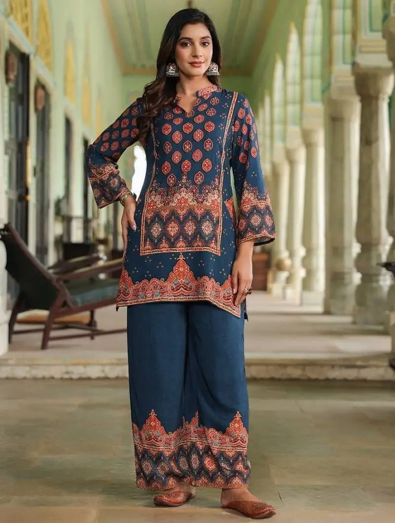 Mahua midnight teal cotton printed co ord sets