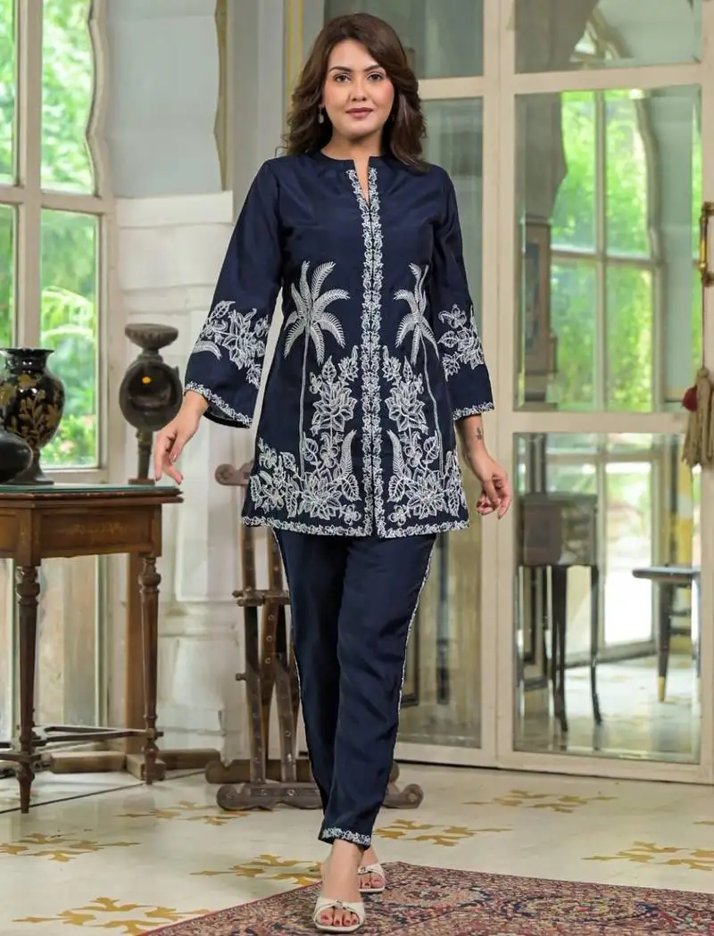 Sanmati azure blue cotton embroidered co ord sets