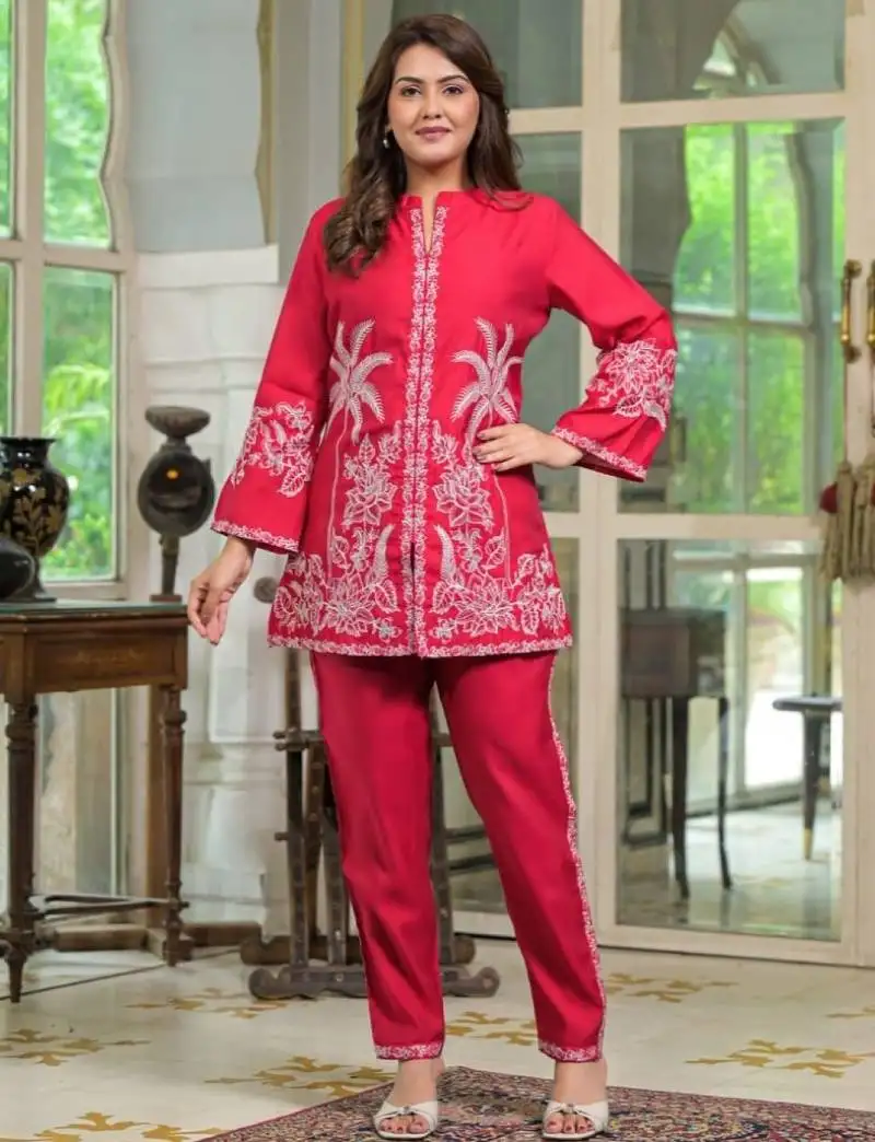 Sanmati scarlet red cotton embroidered co ord sets