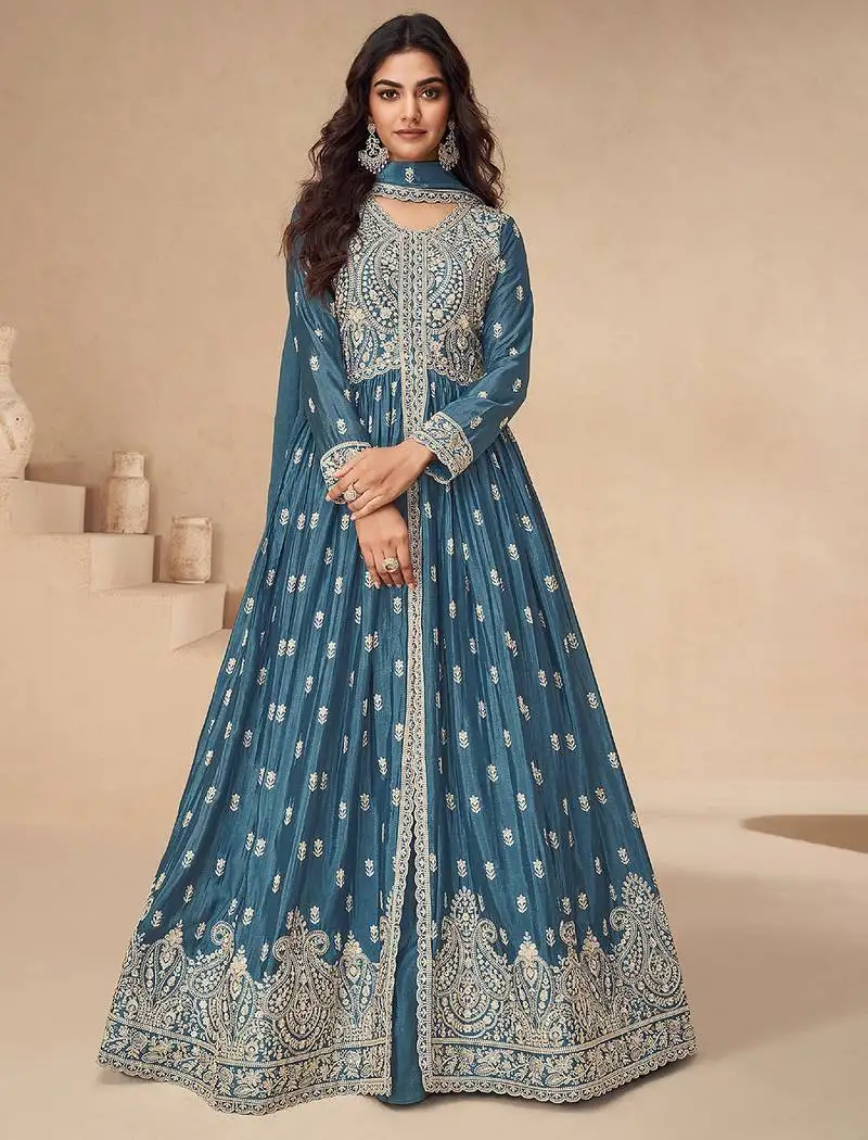 Teal blue embroidery sequence work chinon silk anarkali suits semi stitched