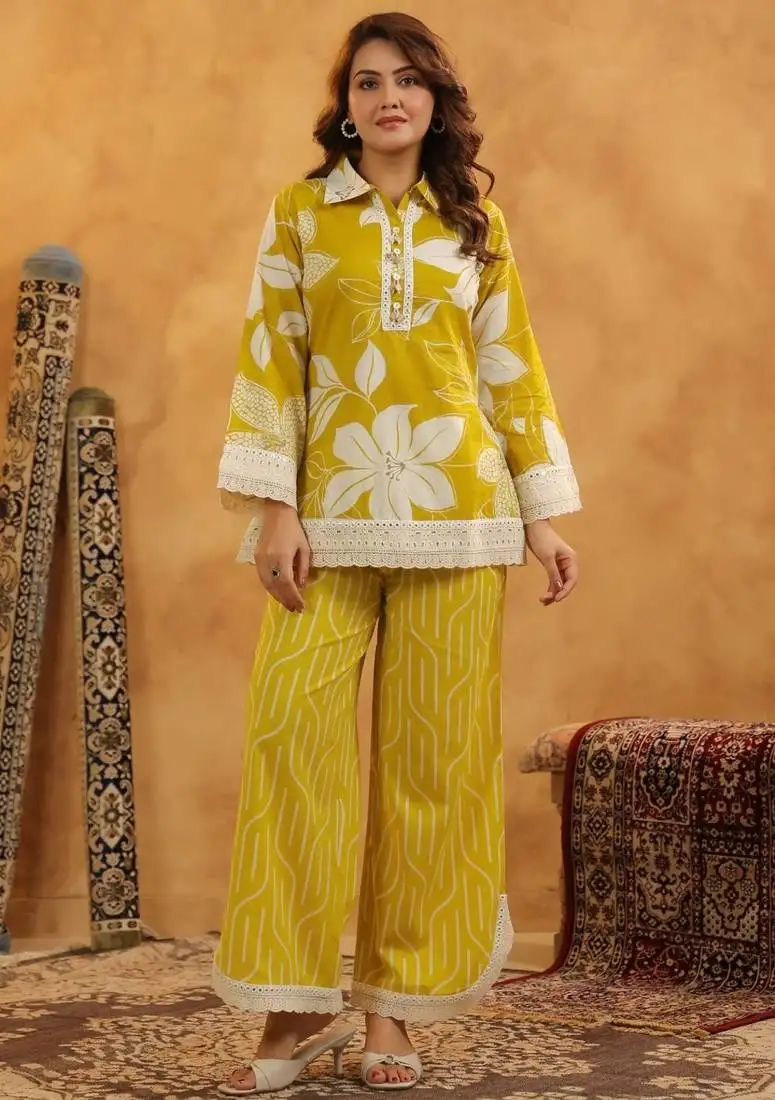 Mahua sunshine yellow cotton printed co ord sets