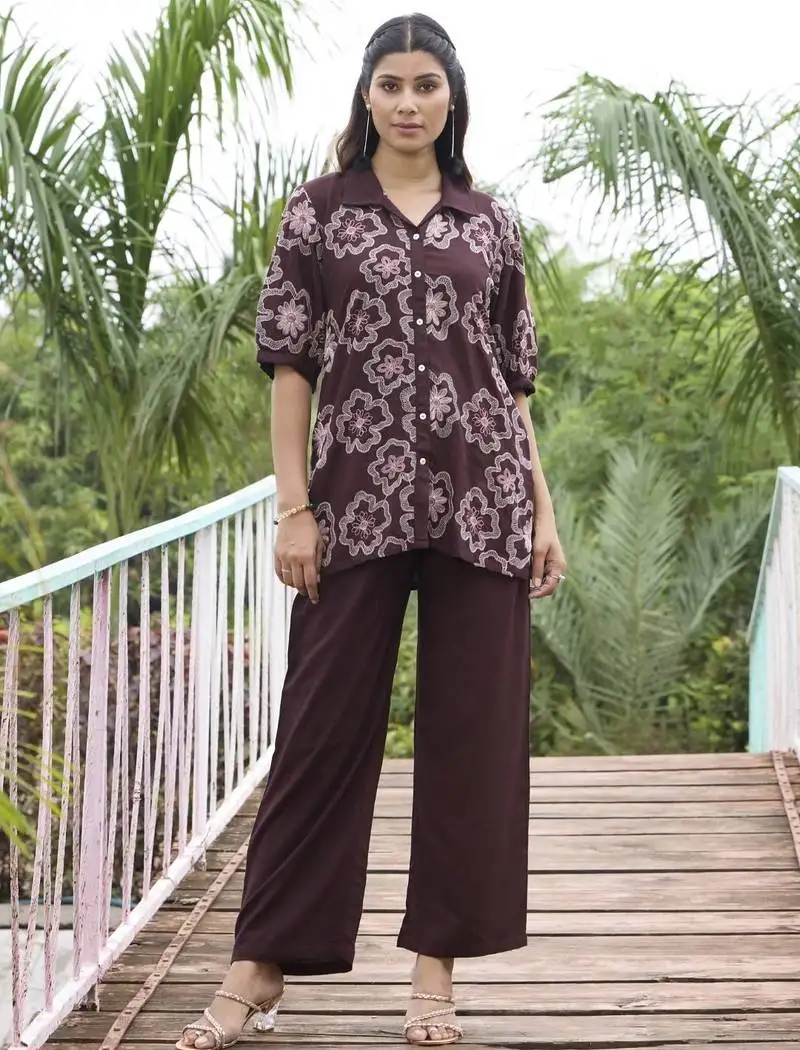 Sharad jam brown cotton embroidered co ord sets