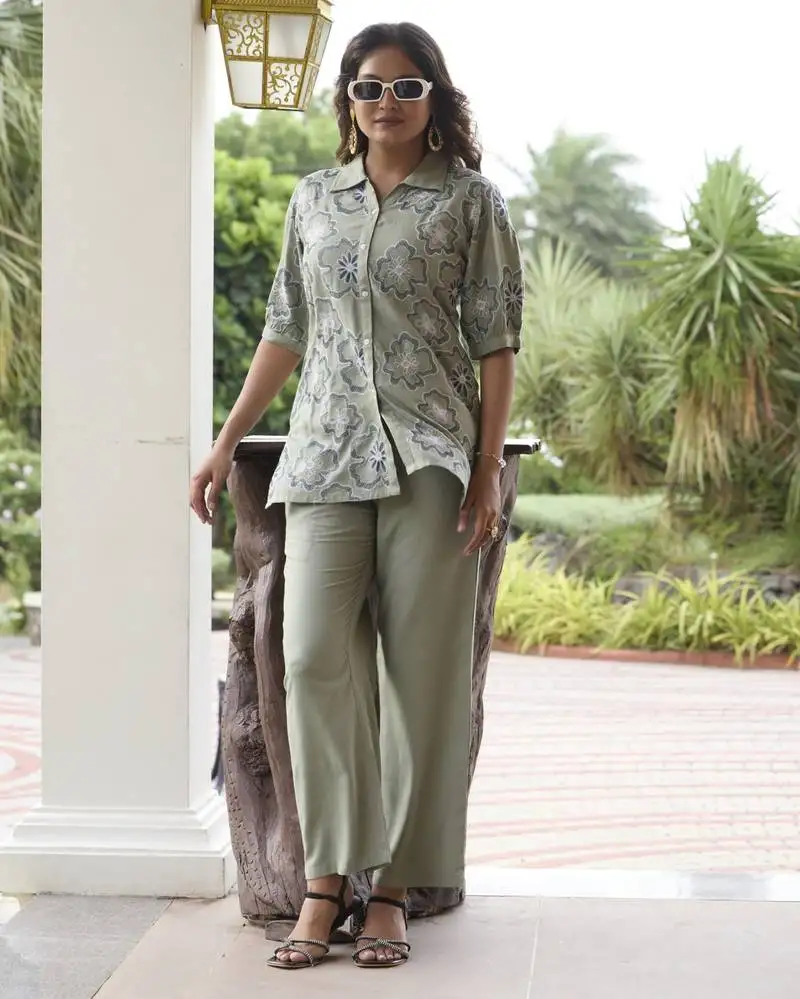 Sharad slate grey cotton embroidered co ord sets