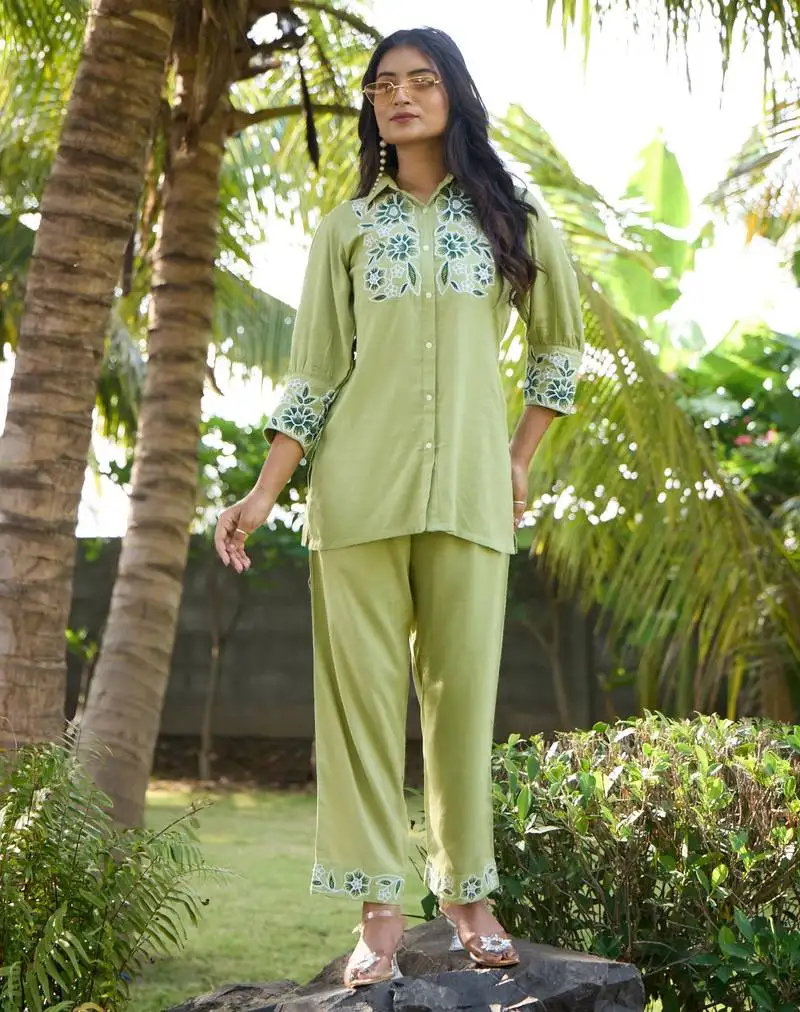Sharad fern green cotton embroidered co ord sets