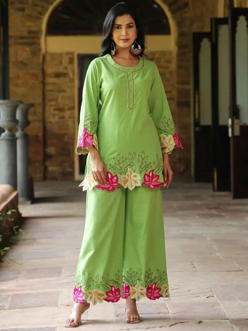 Mahua kelly green cotton embroidered co ord sets