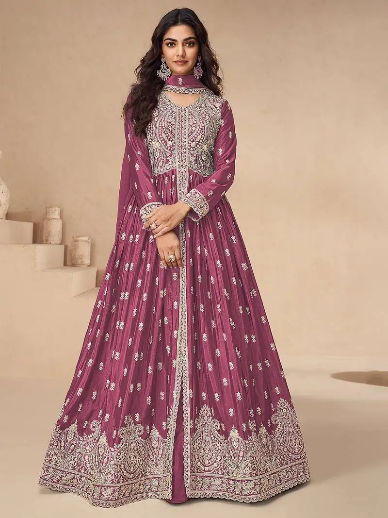 Pink embroidery sequence work chinon silk anarkali suits semi stitched