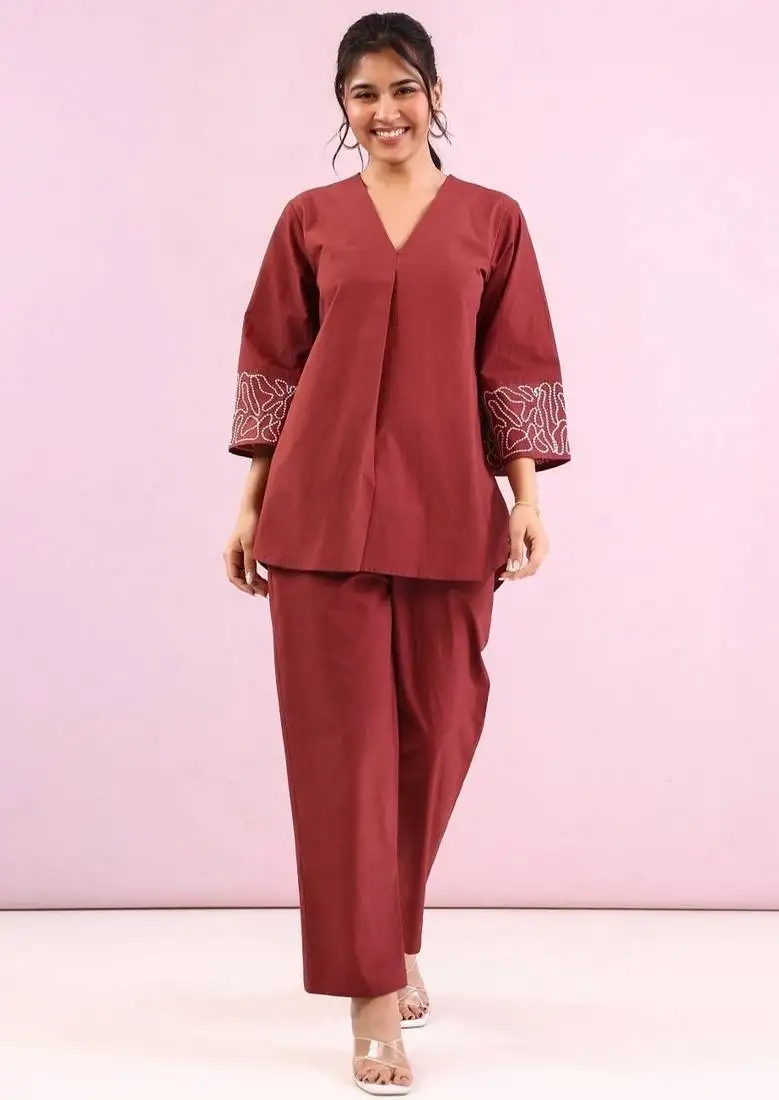 Raftar jam brown cotton embroidered co ord sets