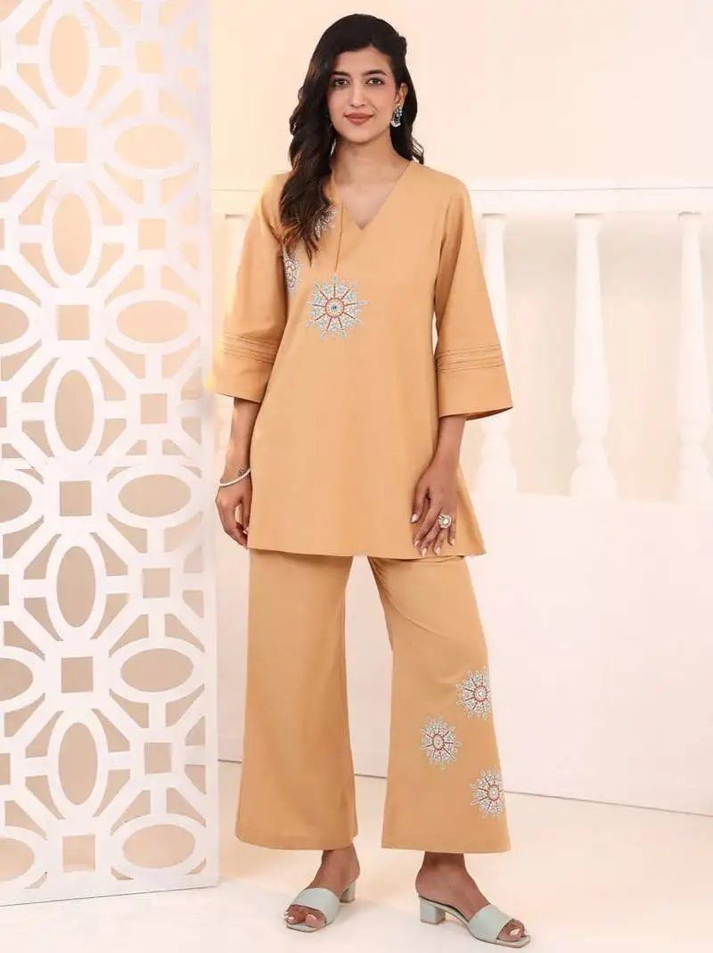 Raftar tan beige cotton embroidered co ord sets