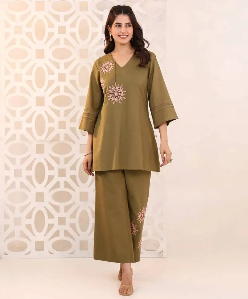 Raftar olive green cotton embroidered co ord sets