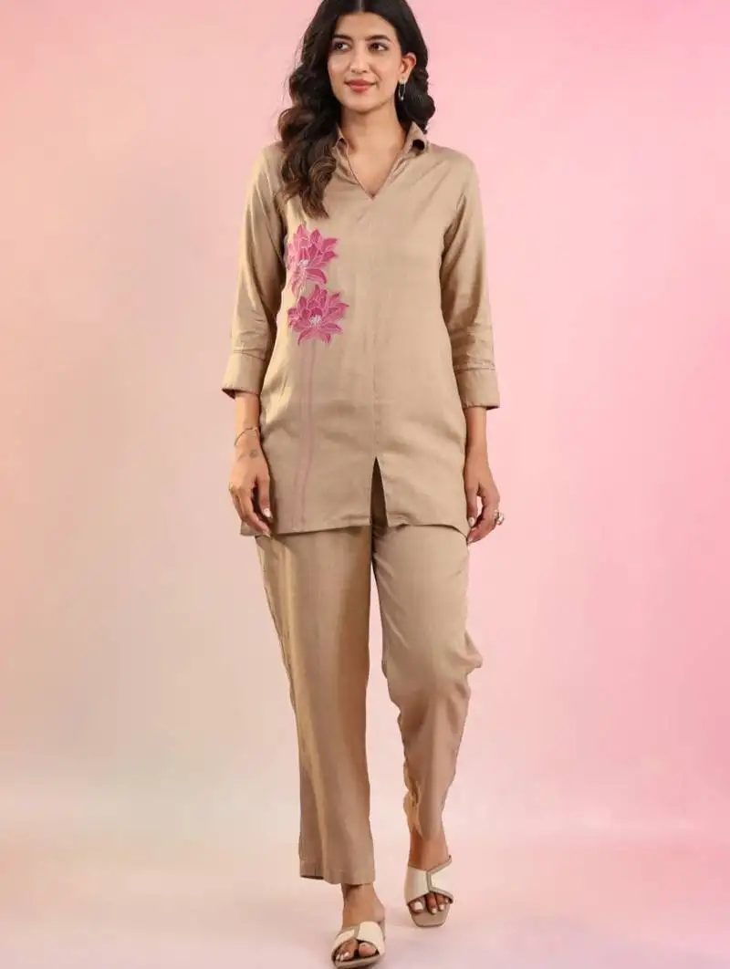 Raftar coffee beige cotton embroidered co ord sets