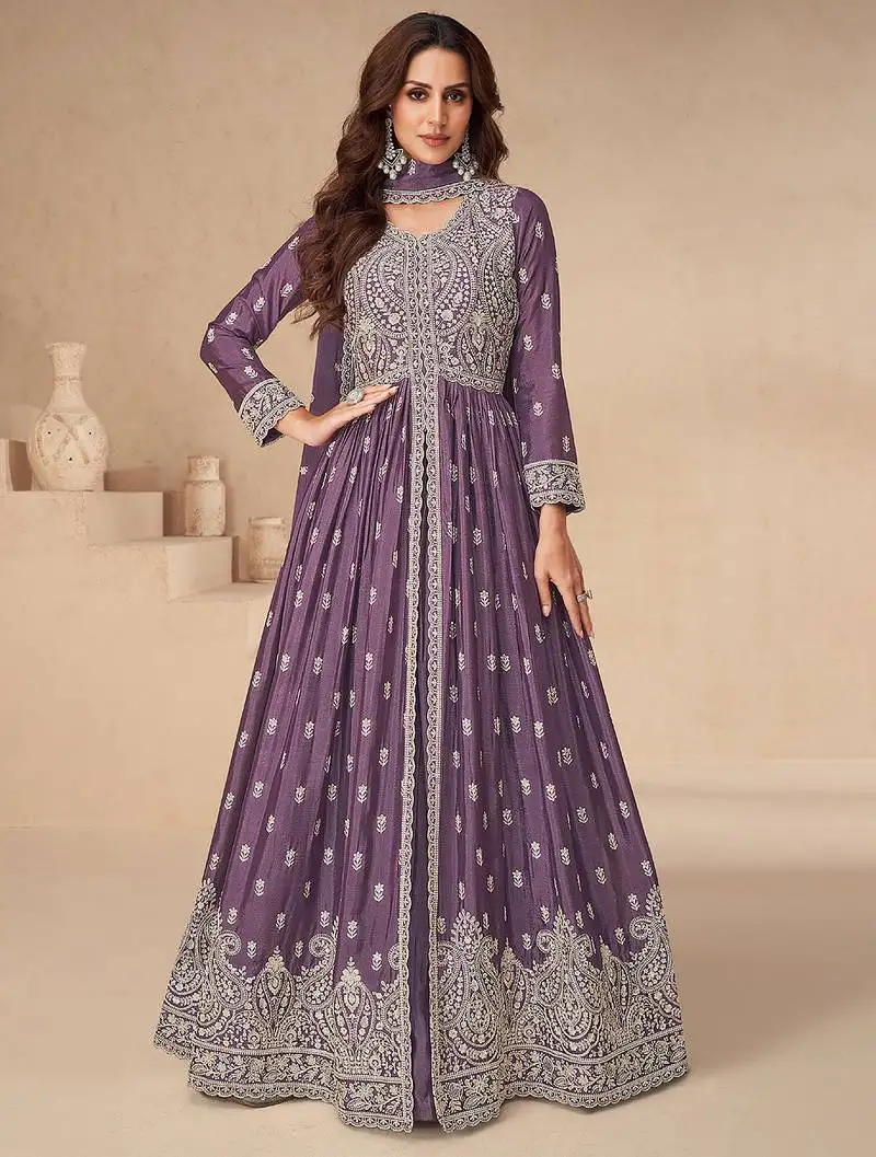 Purple embroidery sequence work chinon silk anarkali suits semi stitched