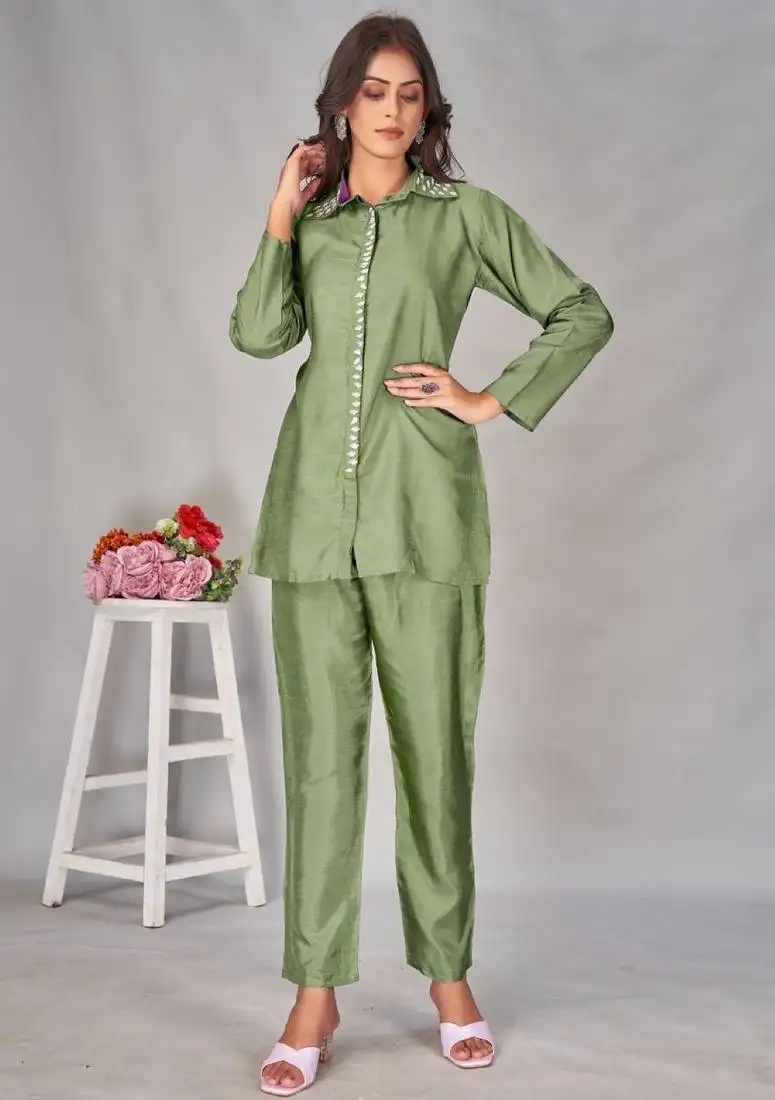 Divya fern green viscose rayon embroidered co ord sets