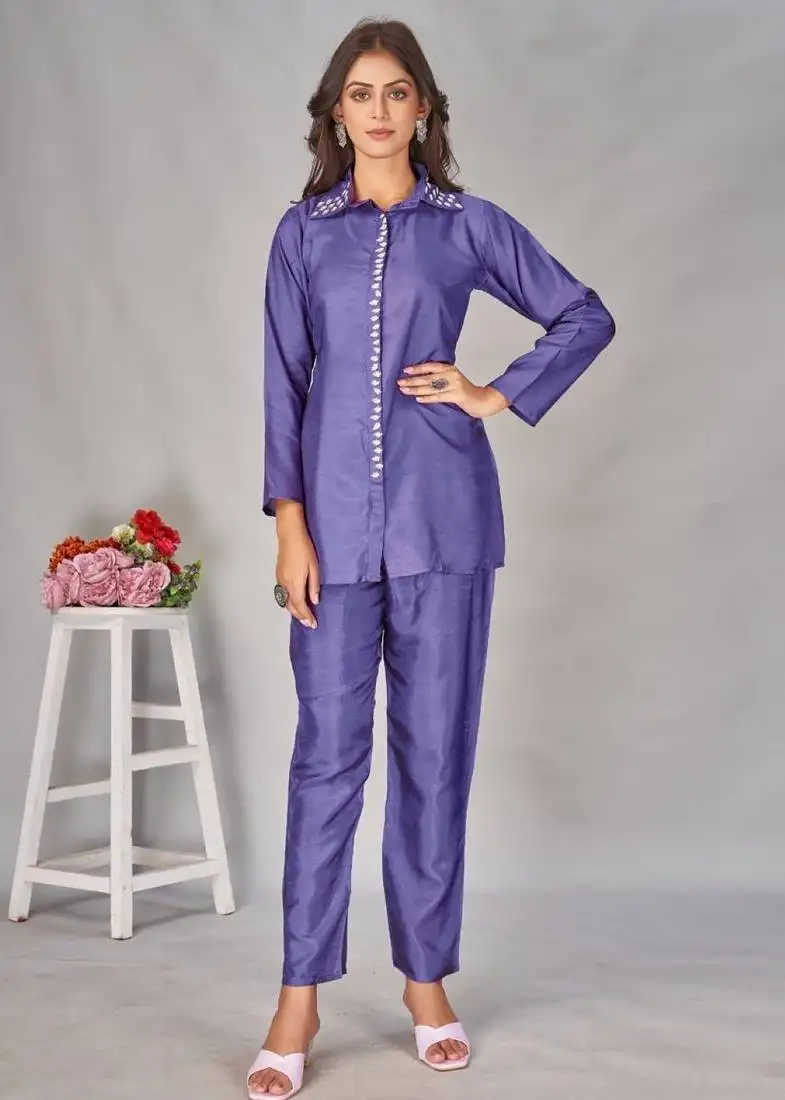 Divya thistle blue viscose rayon embroidered co ord sets