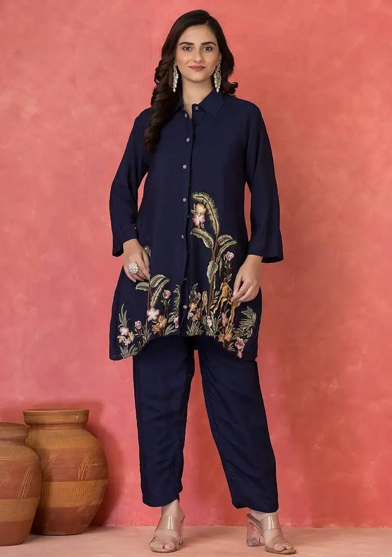 Sabhya prussian blue cotton embroidered co ord sets