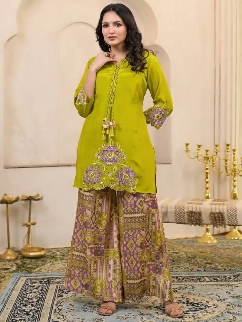 Kara basil green cotton embroidered co ord sets