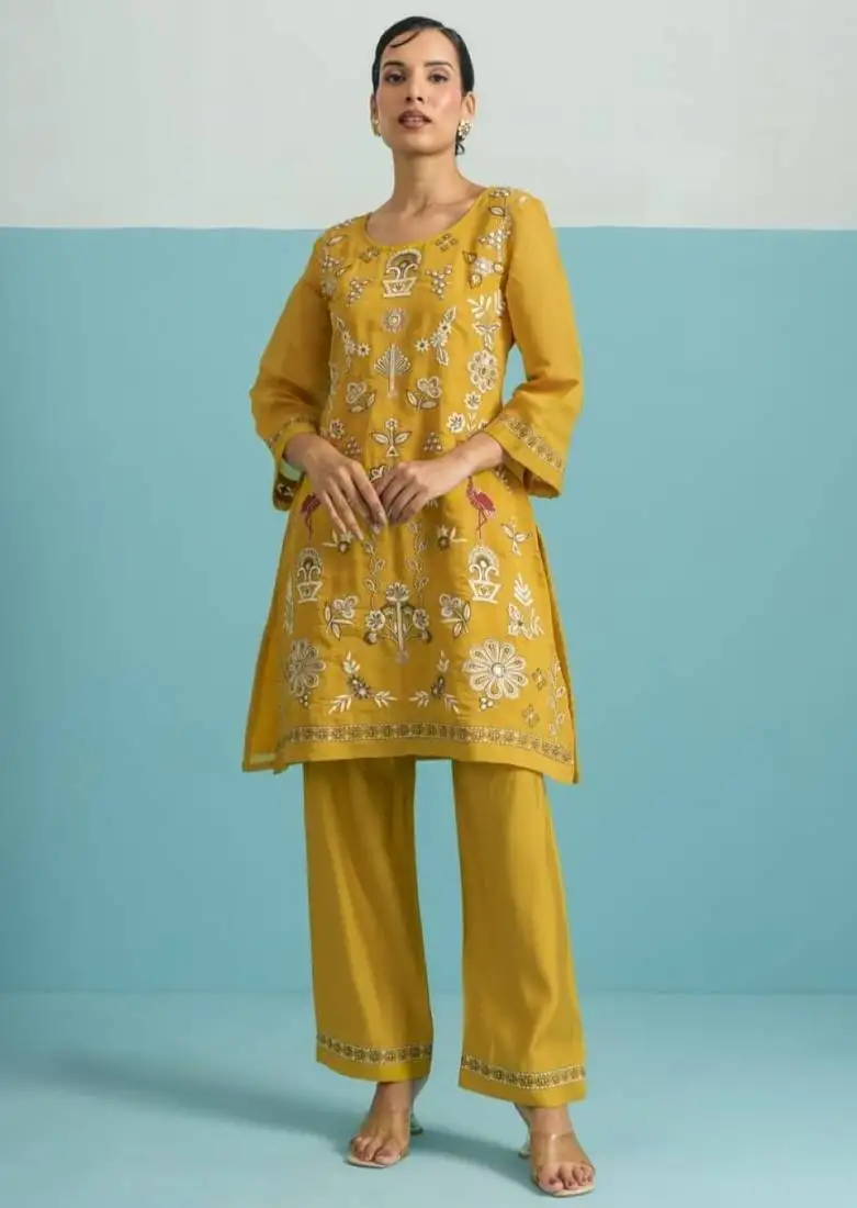 Parikarma amber yellow viscose rayon embroidered co ord sets