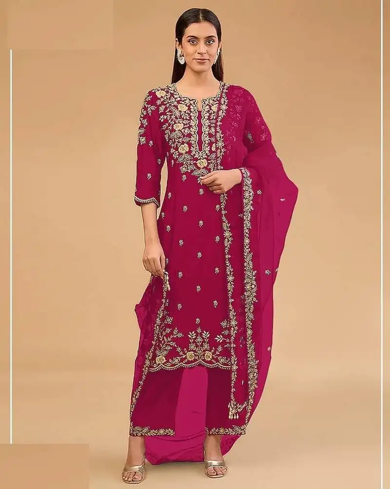 Rani pink silk semi stitched wedding suits