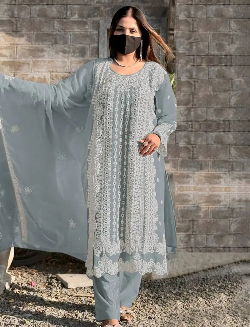Grey embroidery georgette salwar kameez semi stitched