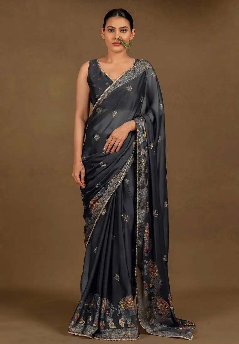 Women's black foil print block print golden lace border chiffon saree with unstiched blouse piece
