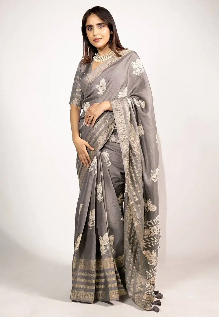 Women's taupe::Beige peacock block print copper zari border cotton silk saree with unstiched blouse piece