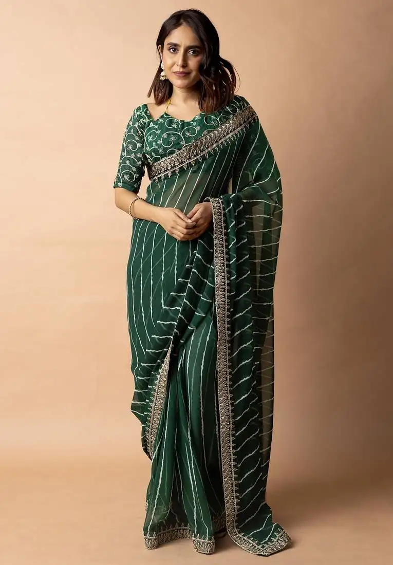 Women's green striped leheriya print embroidered lace border georgette saree with unstiched blouse piece